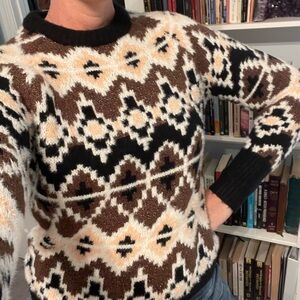 NWT Cozy Black and Brown Crew Neck Sweater with Nordic Pattern